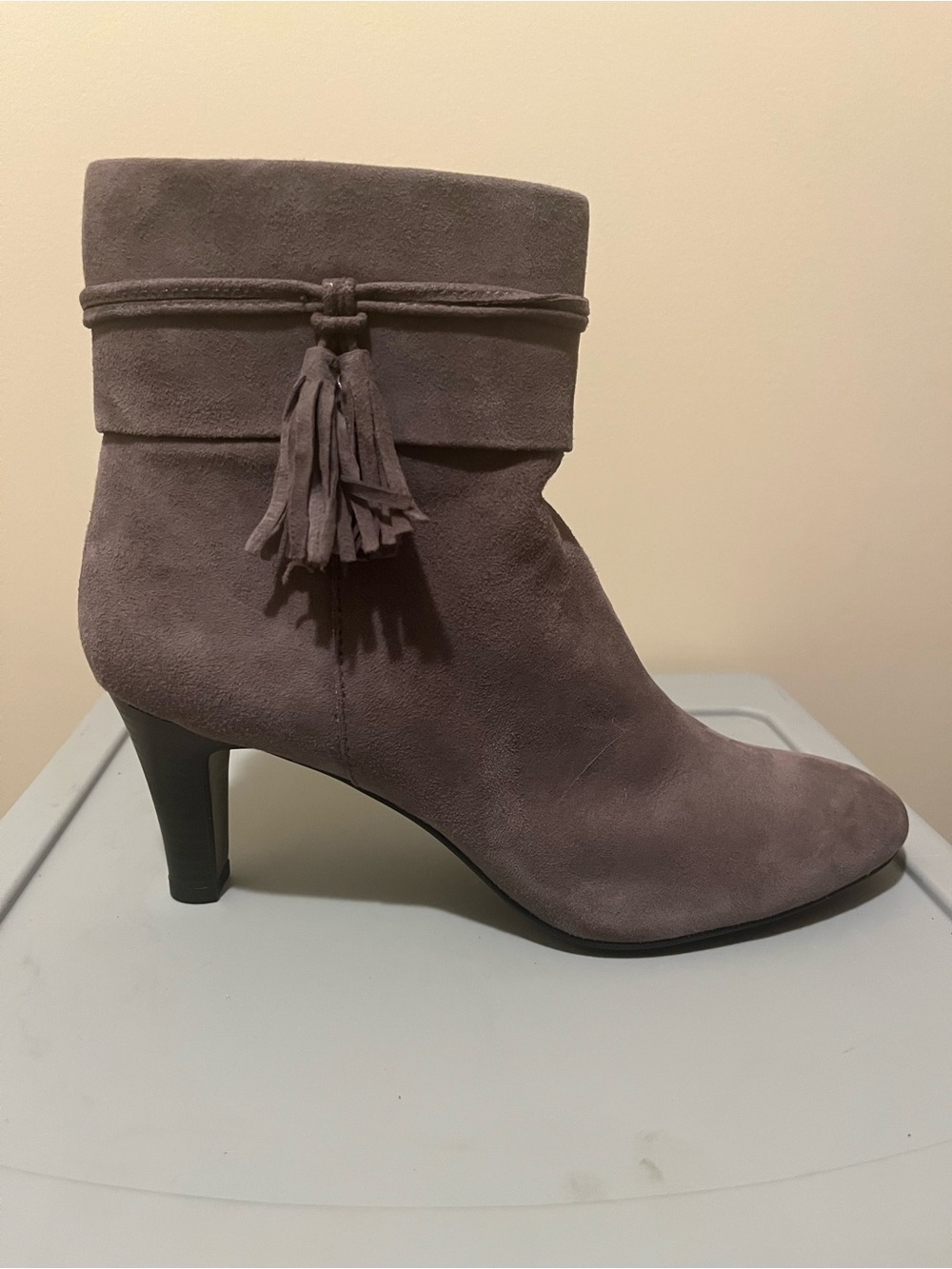 Bandolino Taupe Suede Tassel Mid-Heel Ankle Boot